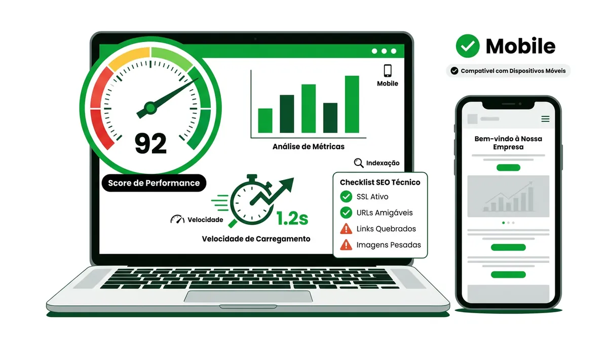 Análise de SEO técnico mostrando problemas de velocidade e mobile em site de pequena empresa