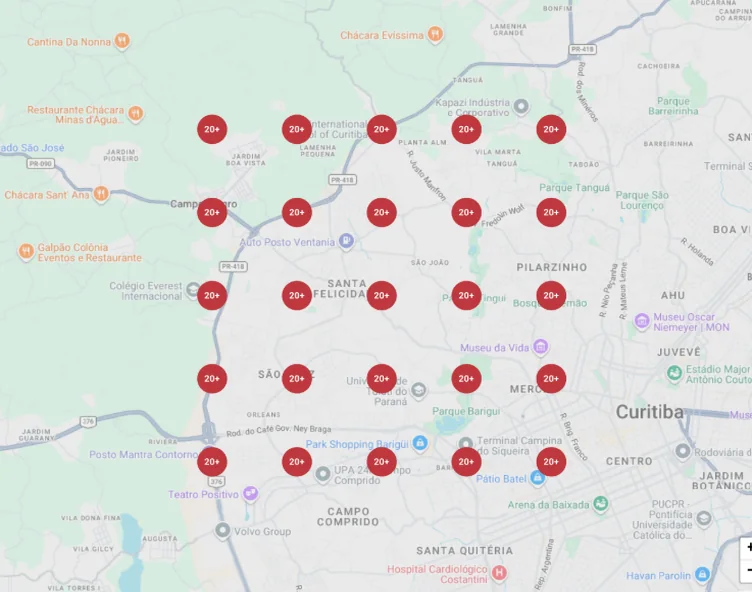 Grid do Google Maps todo vermelho, negocio invisivel em Curitiba antes